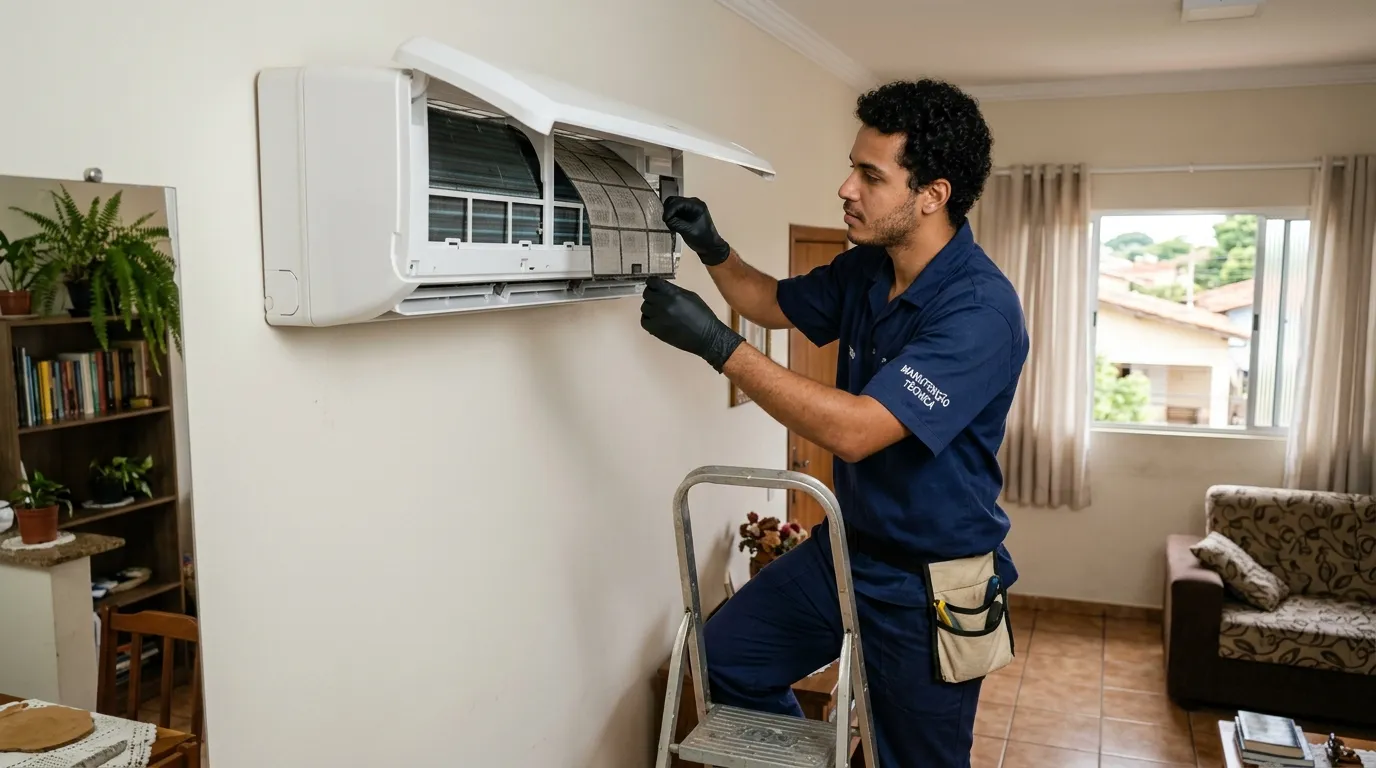 Técnico realizando manutenção preventiva em ar condicionado em Anápolis-GO