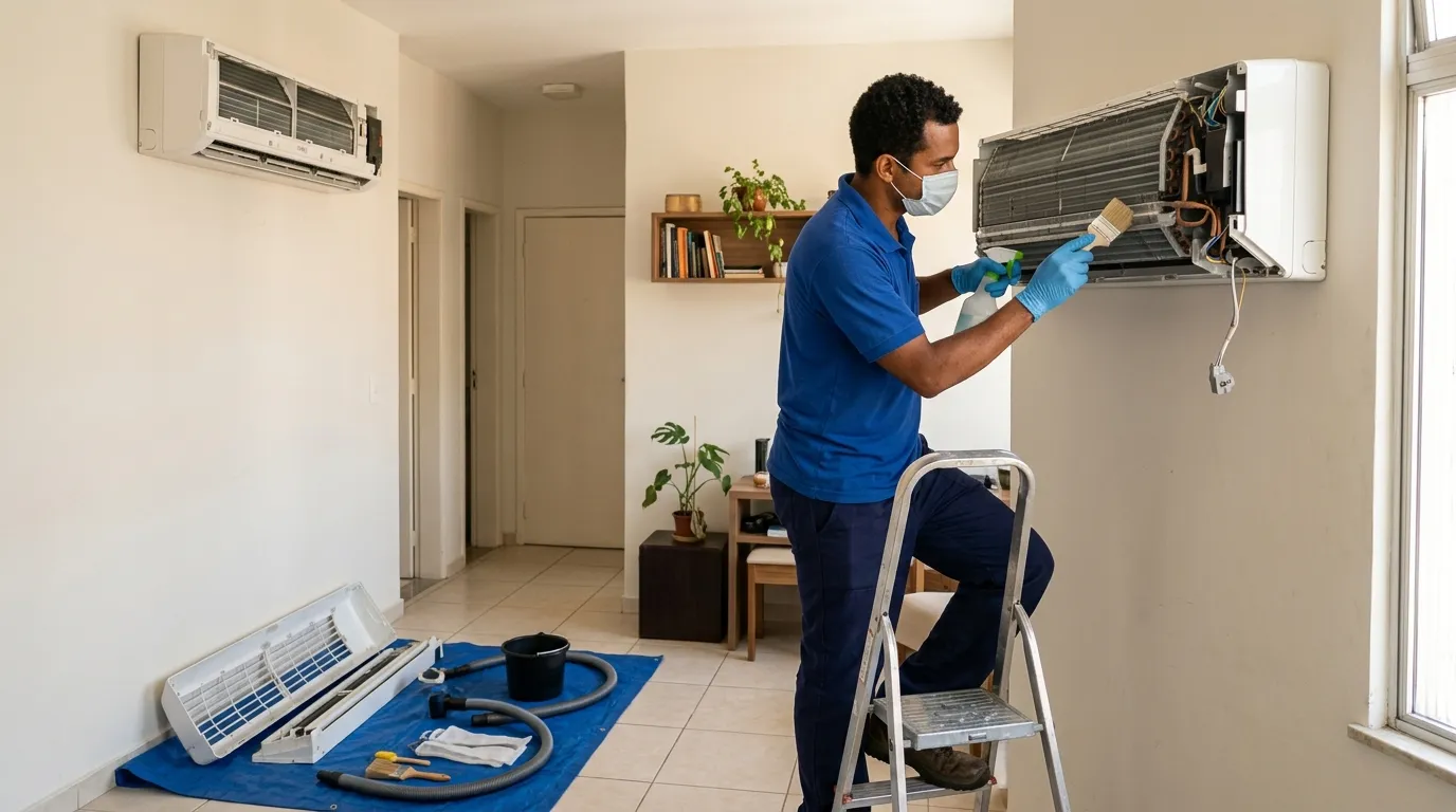 Técnico realizando limpeza de ar condicionado em Anápolis-GO